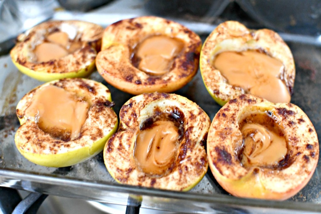 pan of caramel stuffed roasted apples 