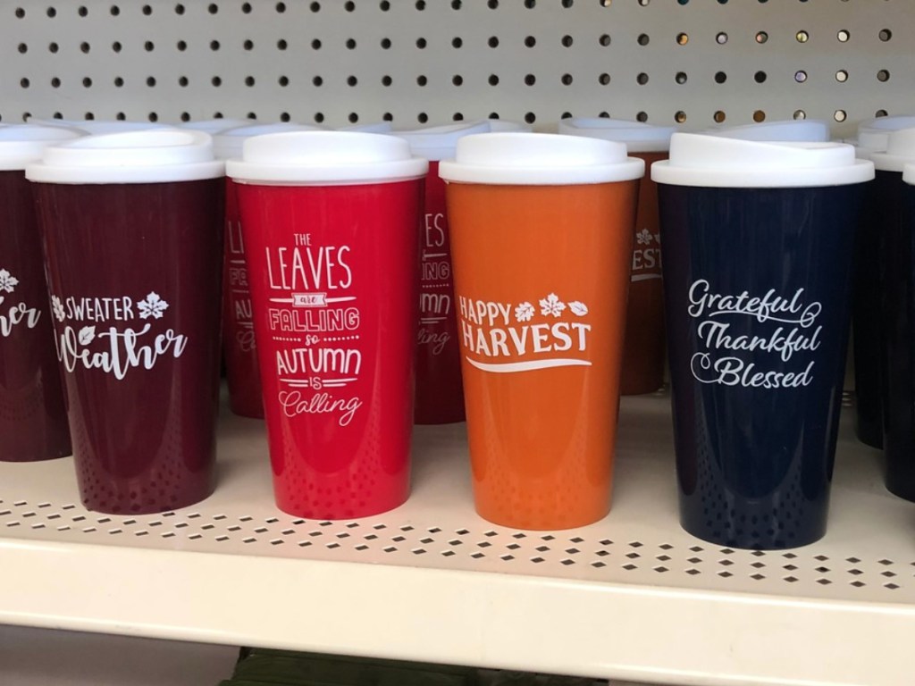 fall harvest themed travel mugs at dollar tree