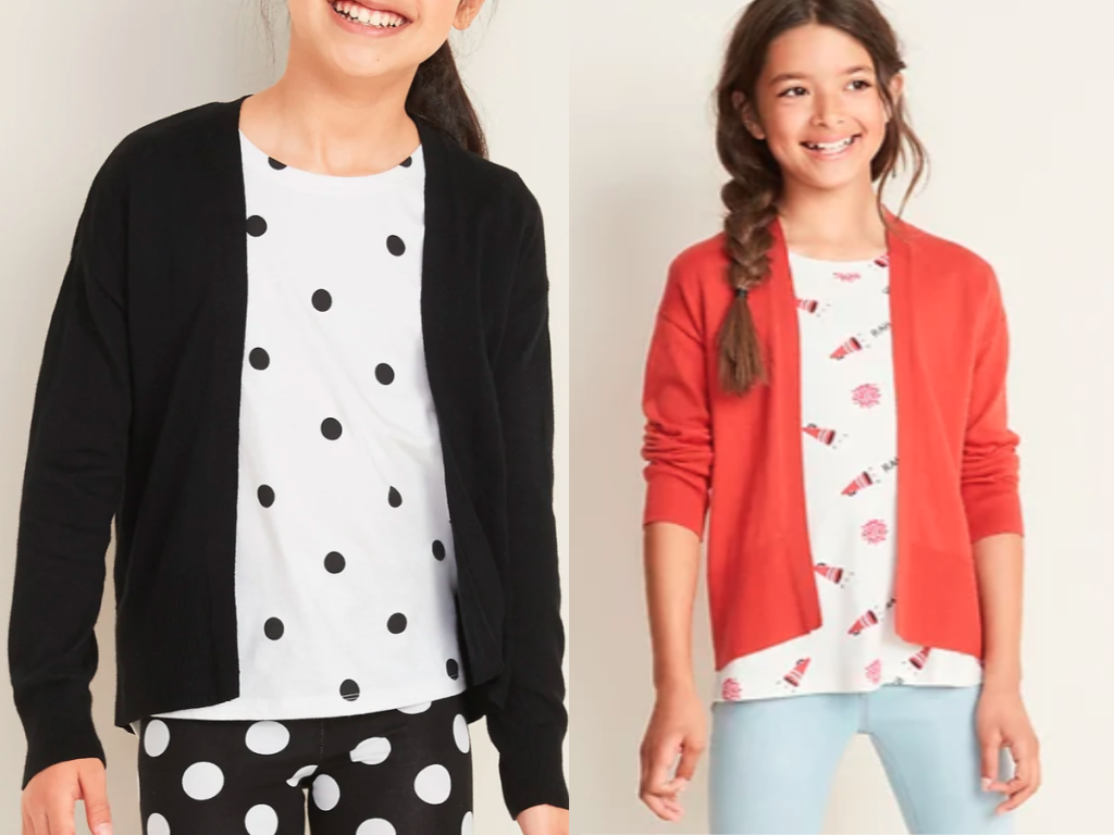 girls modeling black and pink cardigans