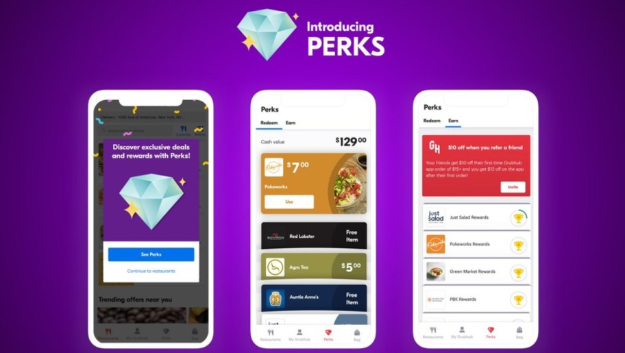 GrubHub promo code App showing Perks program