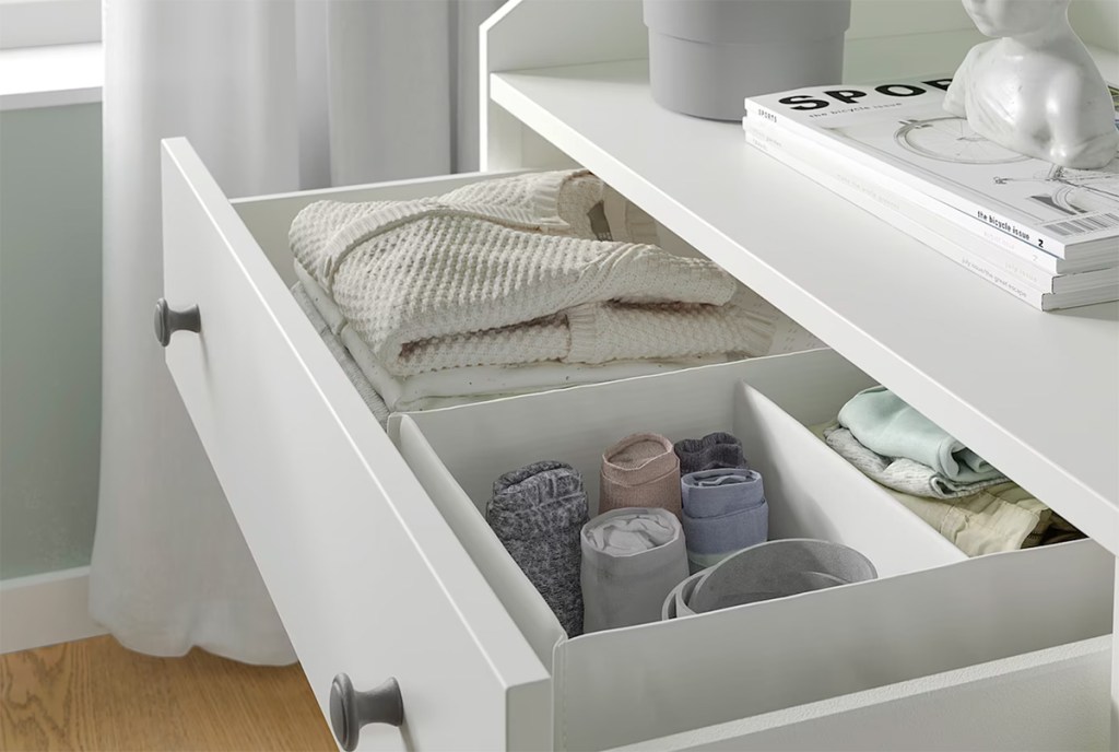 ikea hauga dresser drawer open with organizers