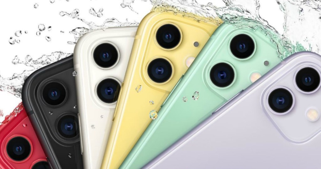 several colors of phone with water splashing on them