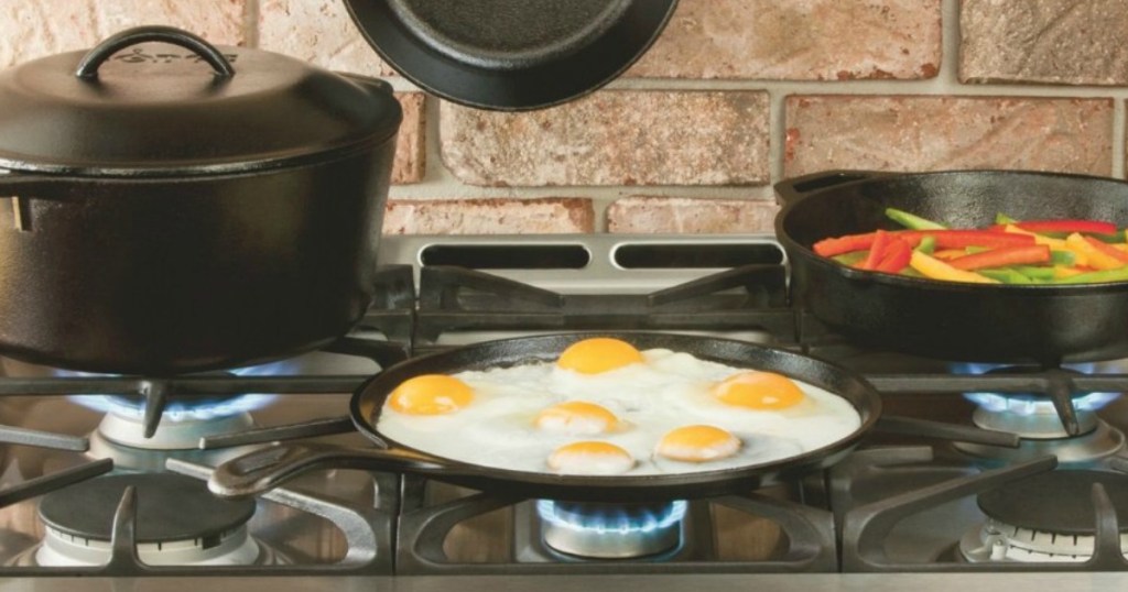 lodge cast iron dutch oven, griddle and skillet