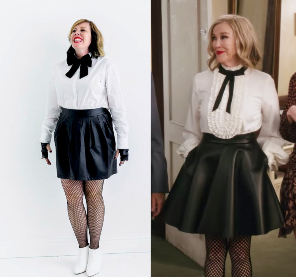 side by side of moira from schitt's creek costume diy idea