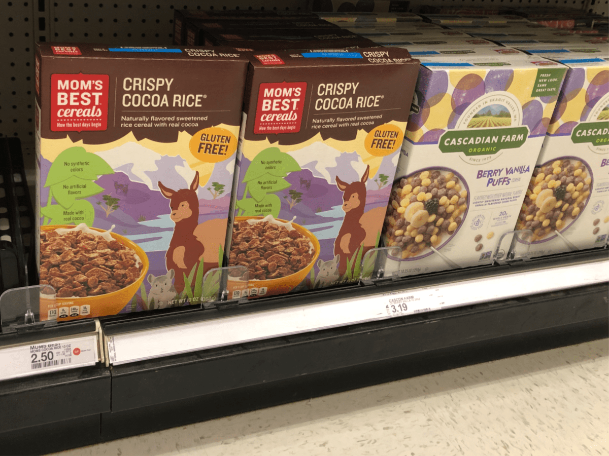 mom's best crispy coca rice cereal shelf