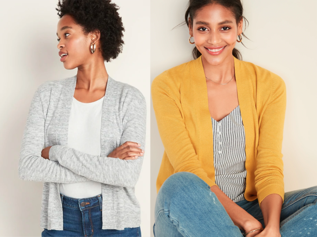 women modeling grey and orange sweaters