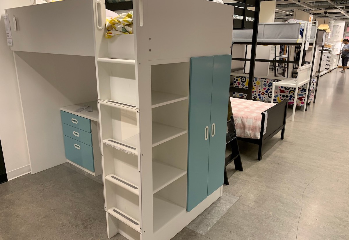 blue and white loft storage bed with desk