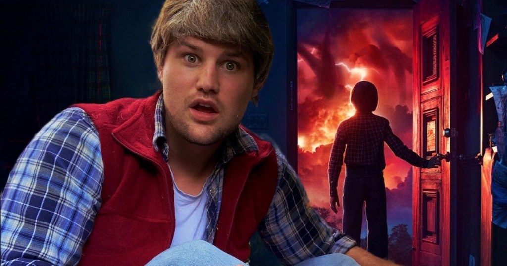 man wearing stranger things costume with movie background