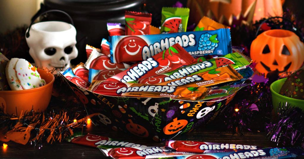 bowl of airheads candy with halloween decor