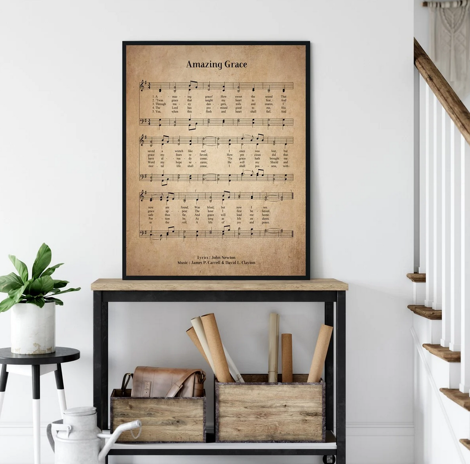 Amazing Grace Hymn Print hung over hall table