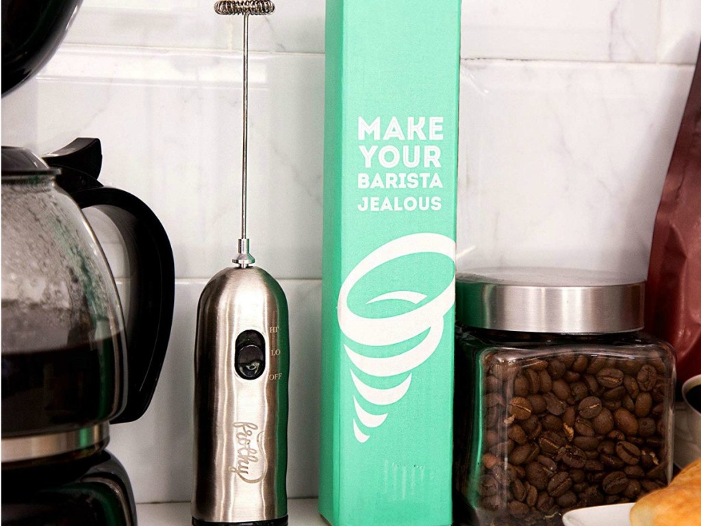 Amazon milk frother and a box sitting on counter