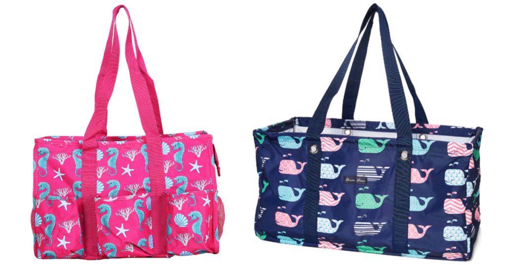 pink bag with seahorse design and blue bag with whale design