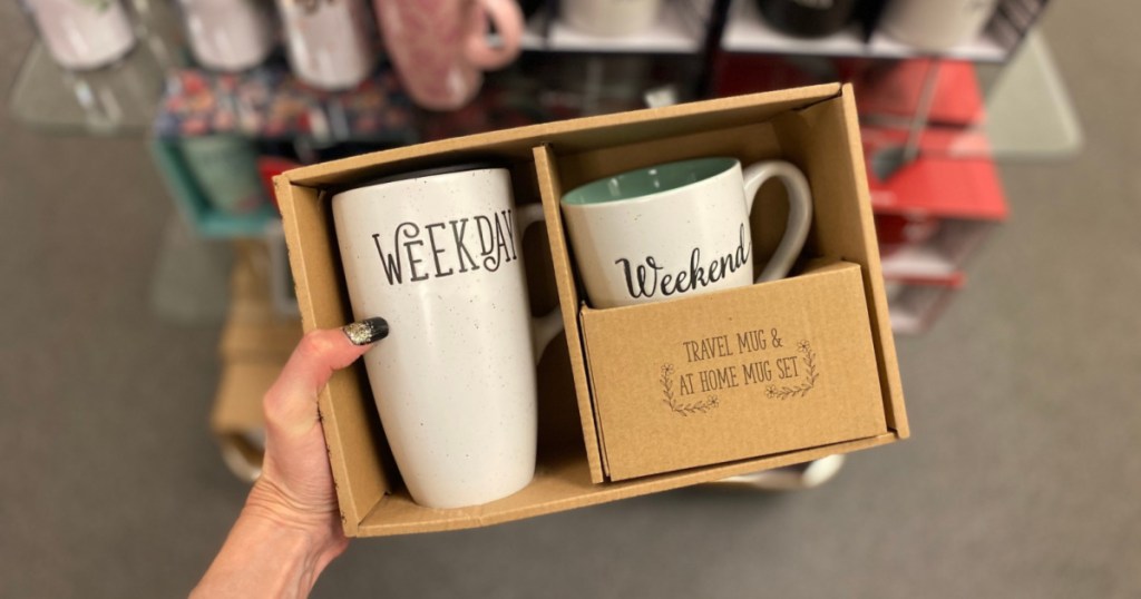 hand holding up weekday weekend mug set at kohls