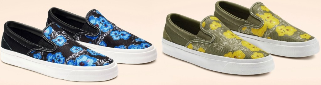 Two styles of floral slip on Converse shoes