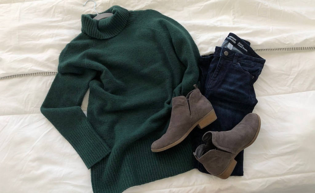 green sweater with jeans and gray booties