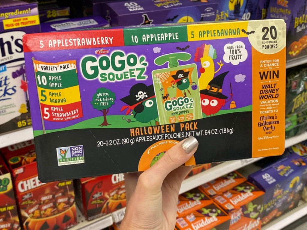 GoGo SqueeZ Applesauce 20-Count Halloween-themed package in hand in store at Target