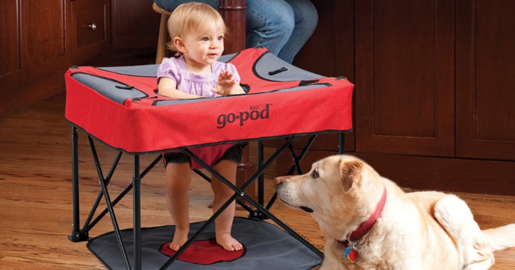 toddler girls sitting in GoPod activity center near a dog