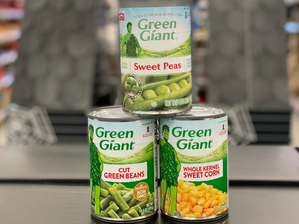 Green Giant Vegetables in cans stacked