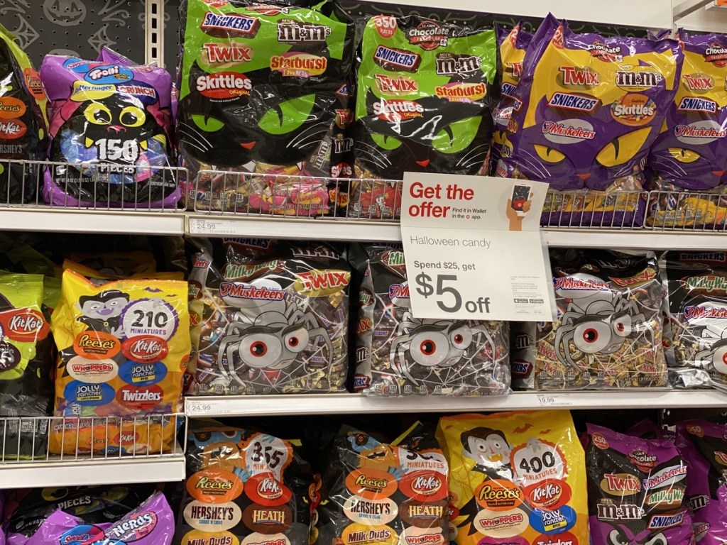 shelves with Halloween candy on them