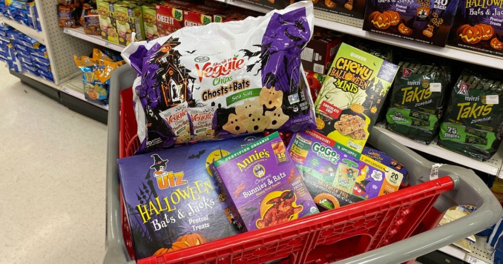 Halloween themed snacks in cart at Target