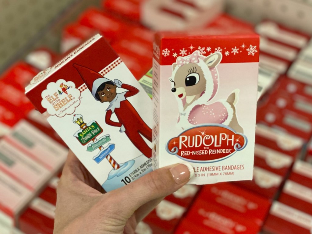 Two boxes of Holiday Character bandaids - the Elf on the Shelf & Rudolph the Red Nosed Reindeer