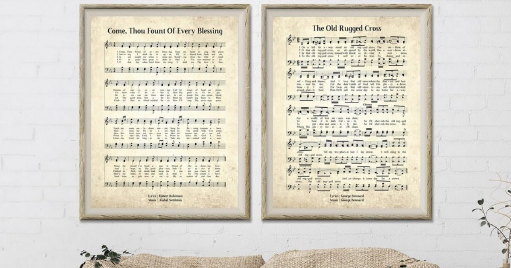 Large Hymn Prints hung over couch