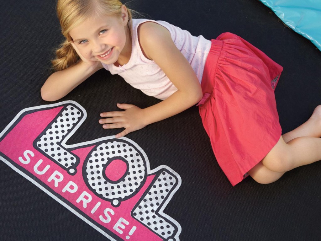 L.O.L. Surprise! 7' Enclosed Trampoline with Safety Net with logo and girl