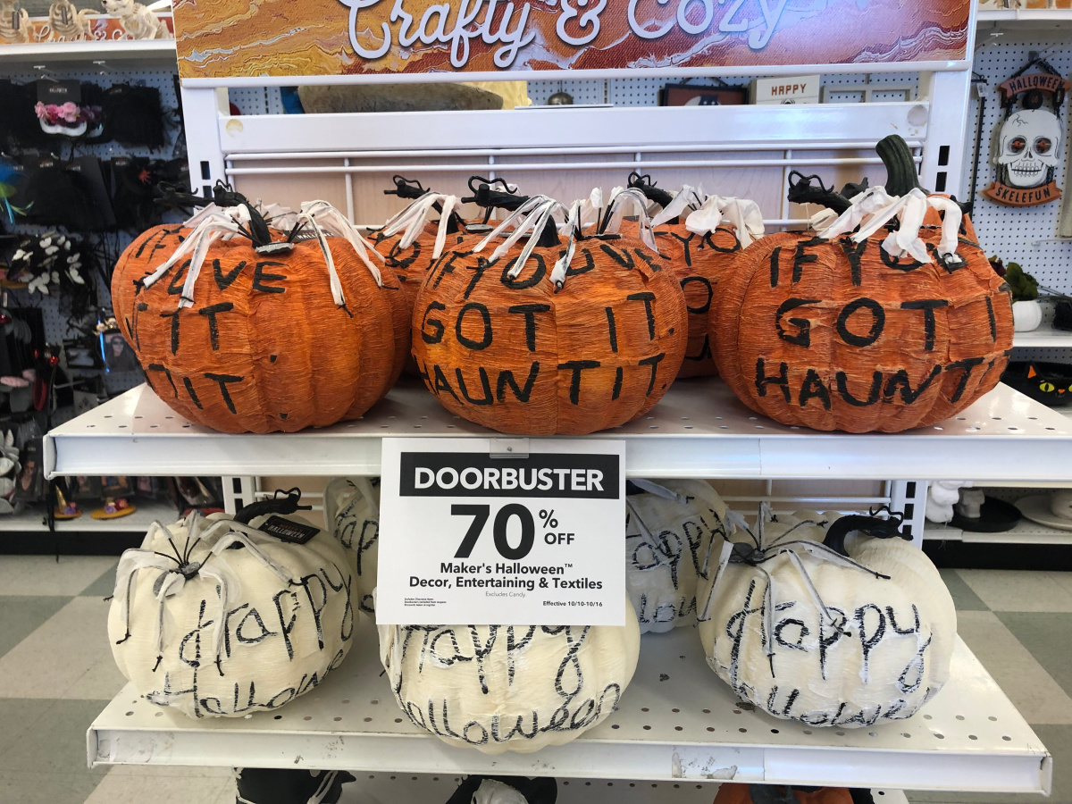 wordy pumpkins on display in store