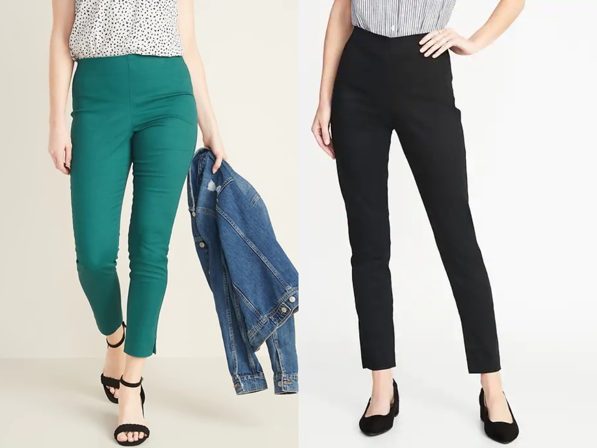 Old Navy Women's skinny pants. Two models, one wearing green pants the other in black.