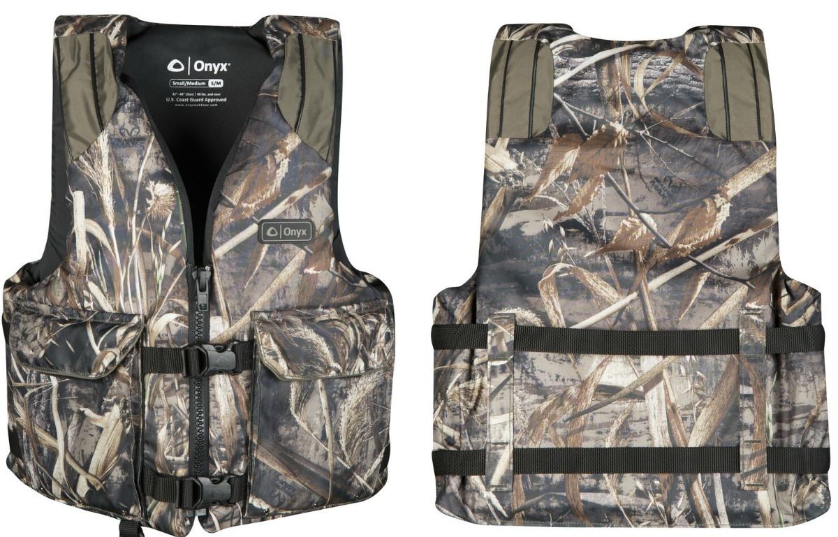 Camo print life jacket - front and back view