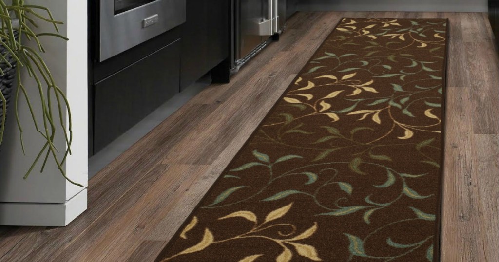 Ottomansen Chocolat Brown Runner Rug with leaves in kitchen