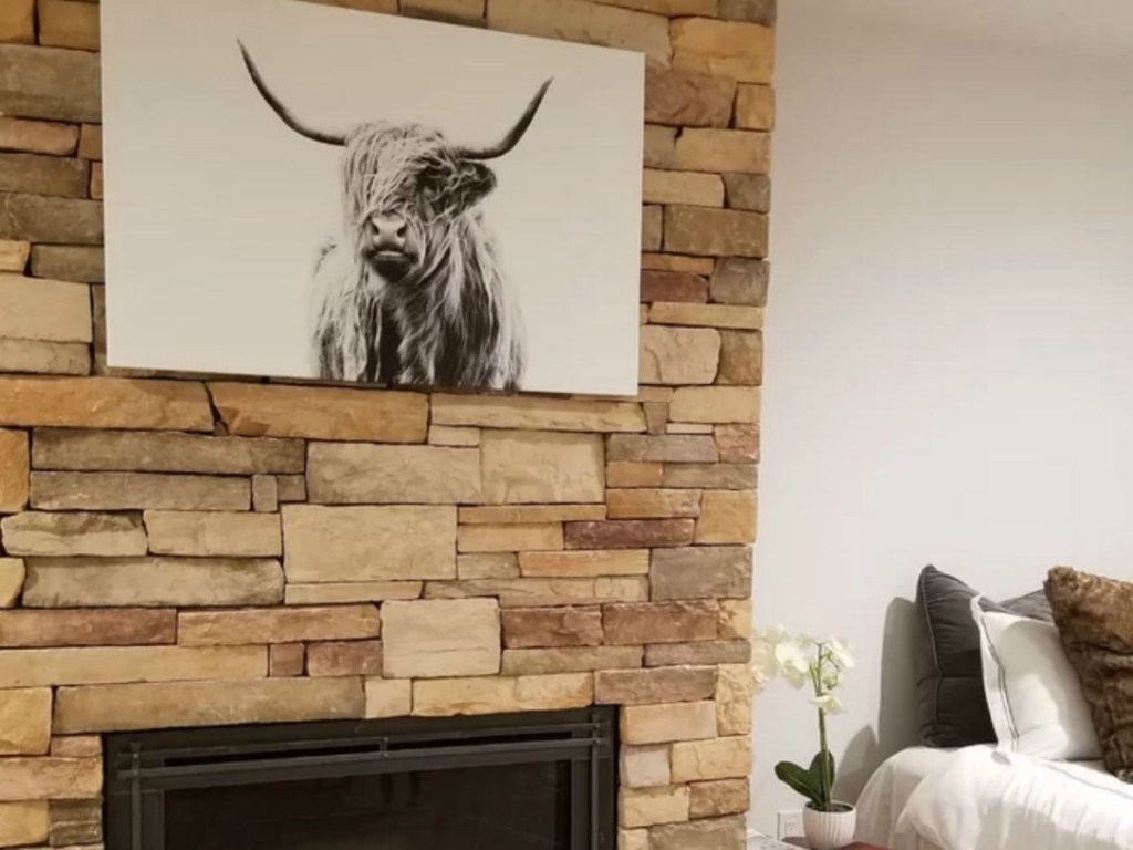 fireplace with photo of cow hanging above it