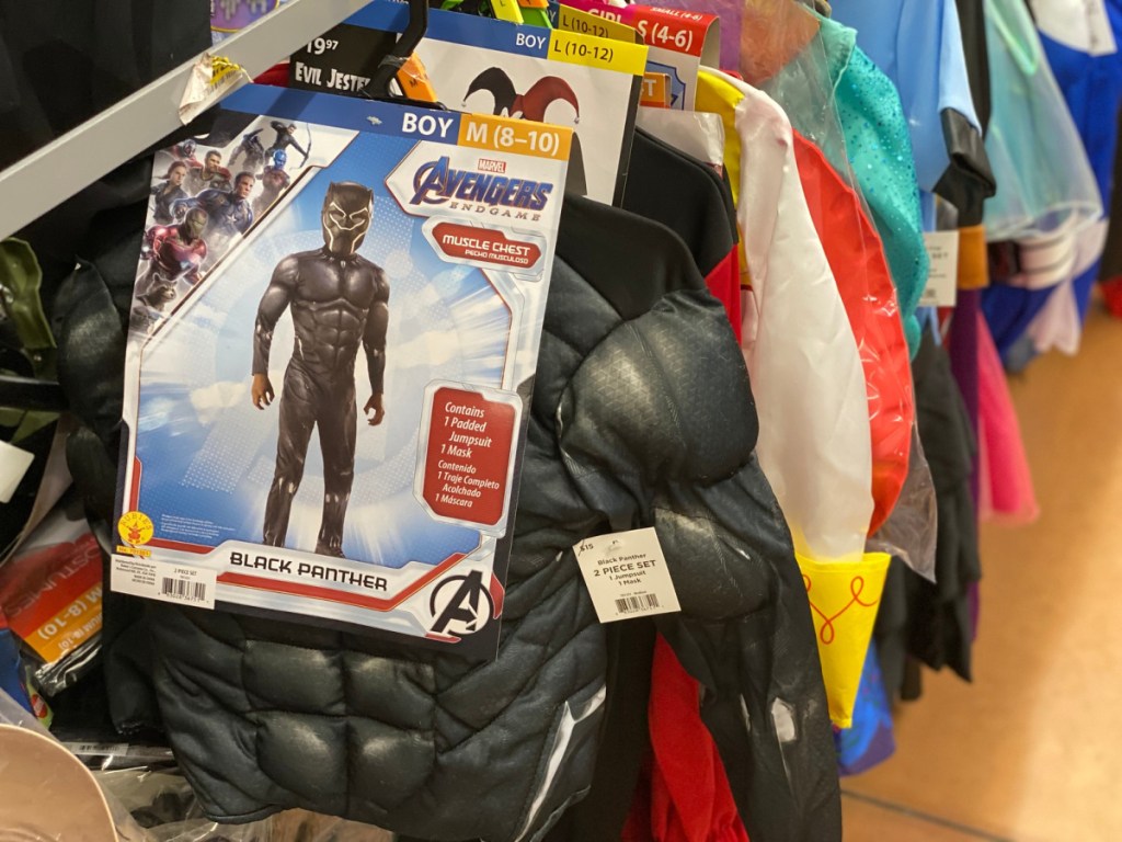 Marvel Avengers black panther costume hanging in store