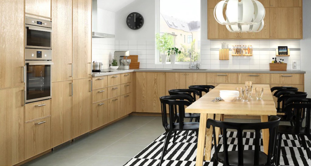 black and white stripe rug sitting in birch colored IKEA kitchen