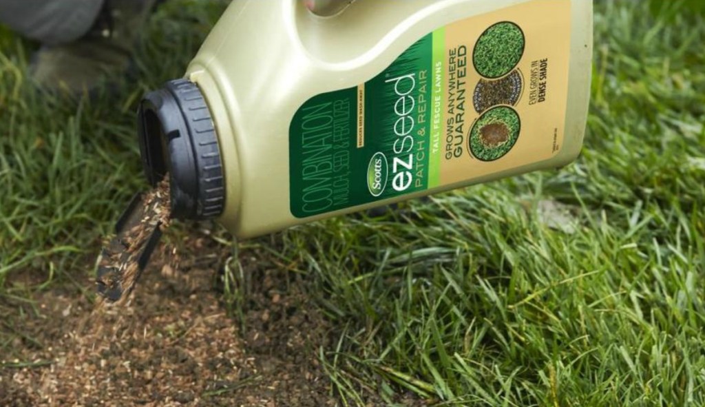 Lawn repair being poured onto dirt in yard