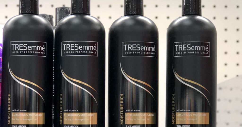 bottles of tresemme shampoo on shelf at store