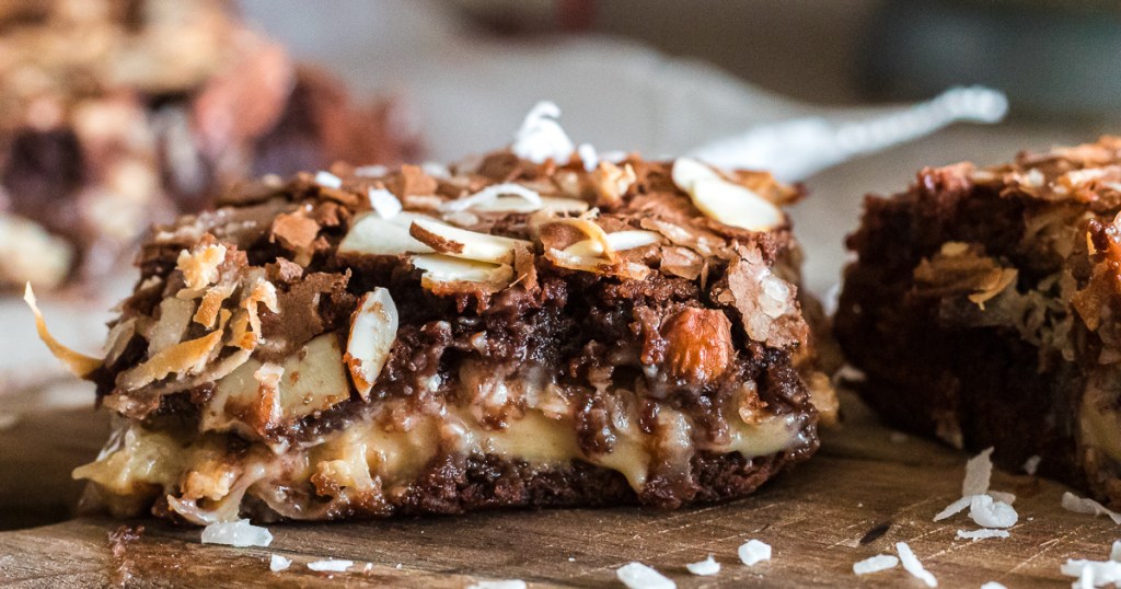 slice of almond joy brownies