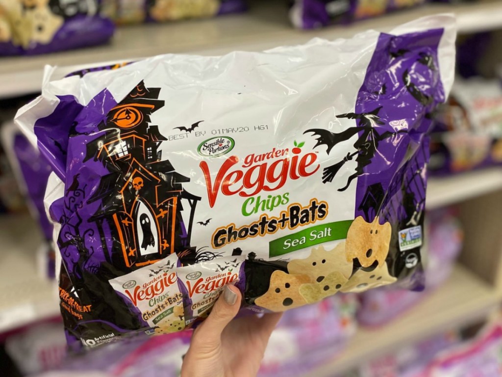 Veggie Chips Ghosts & Bats in package in hand in-store