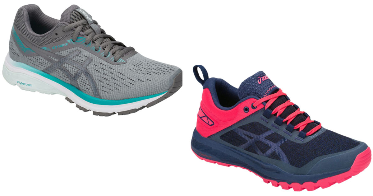 two pairs of asics running shoes in gray and blue