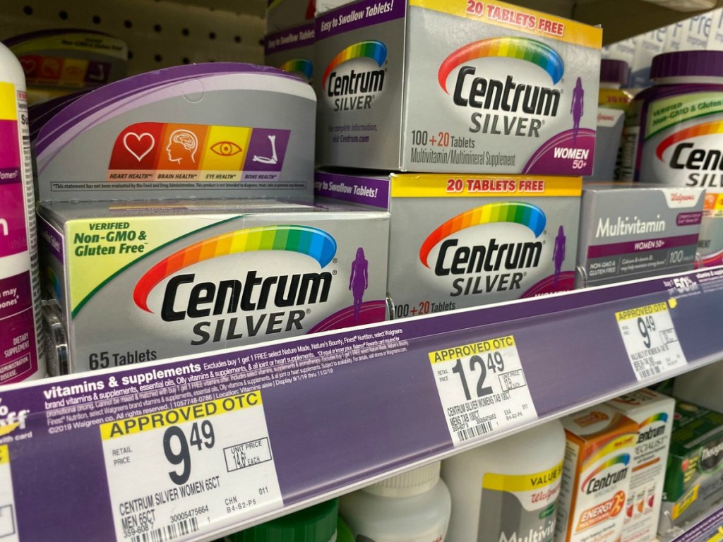 store shelf with boxes of vitamins