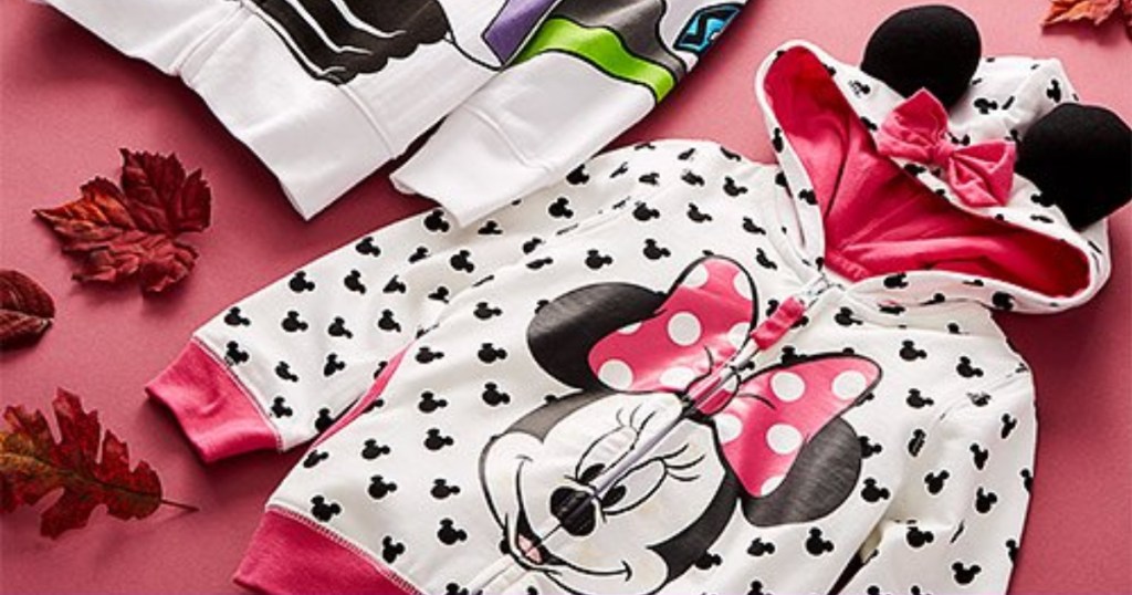 minnie mouse character hoodie with pink background and leaves