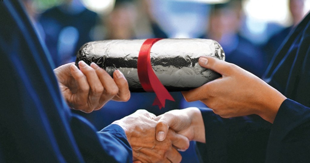 Person receiving a Chipotle burrito at graduation