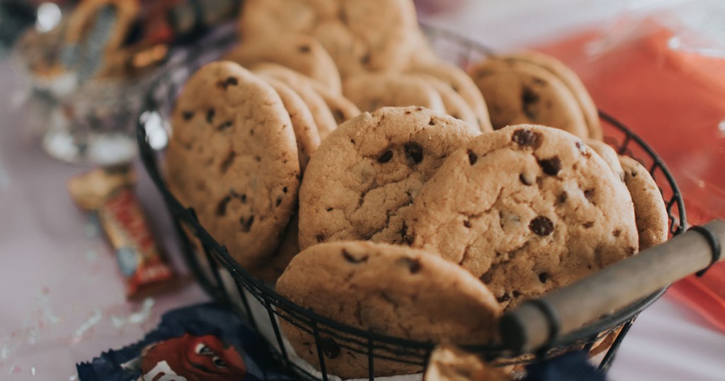 Chocolate chip cookies in basket