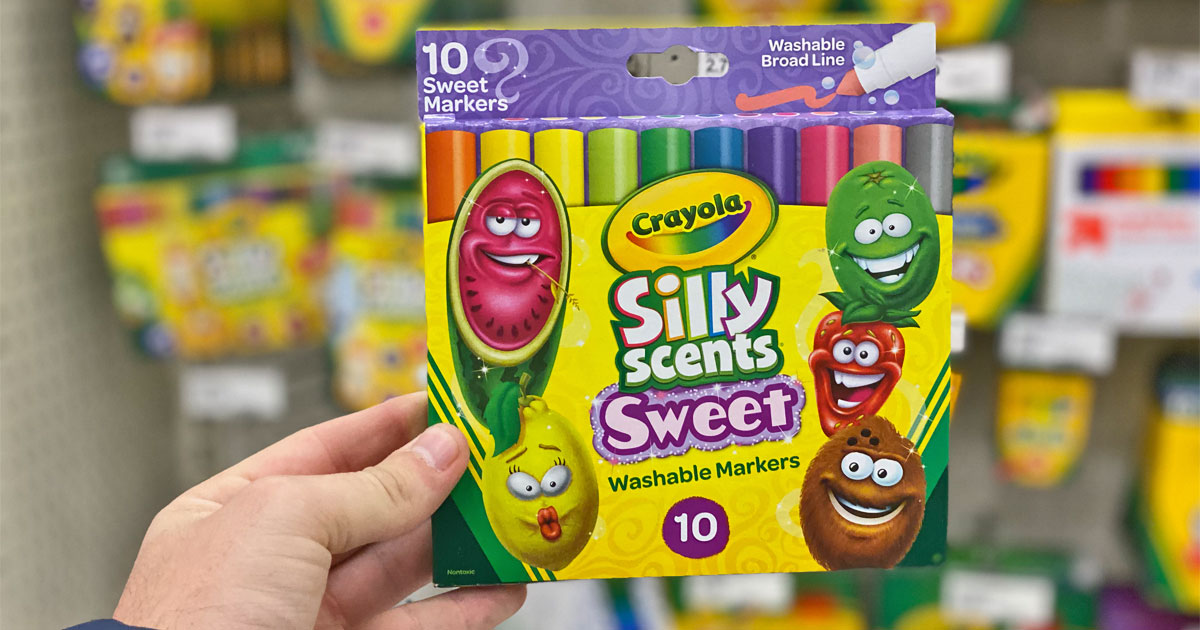 hand holding crayola silly scents sweet washable markers 10 pk