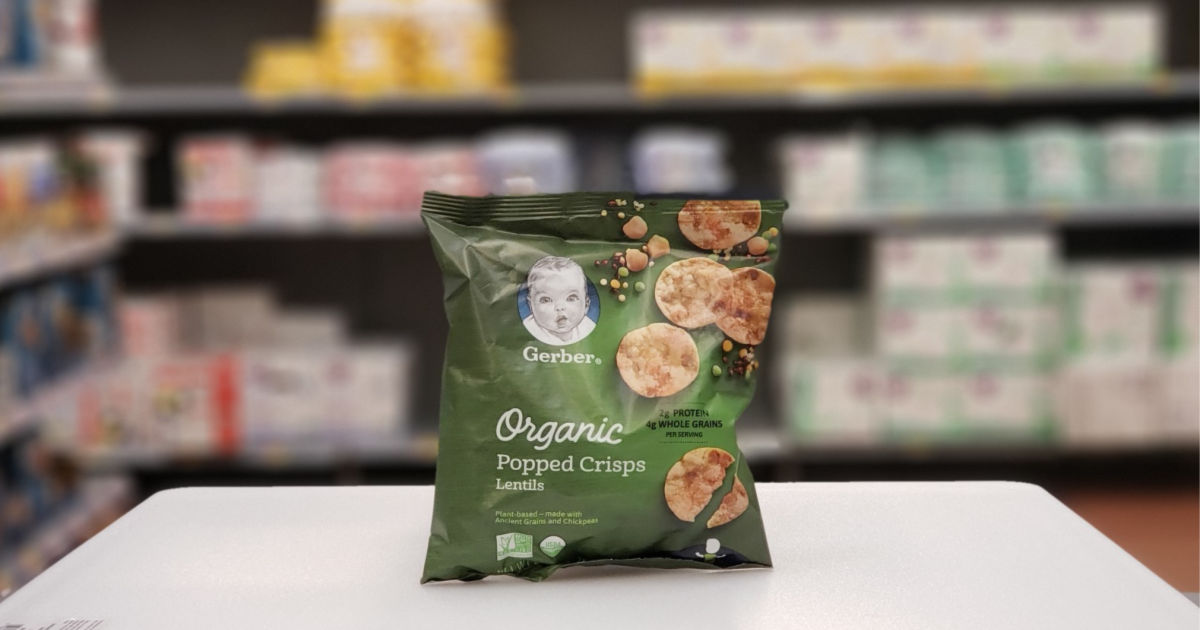 gerber organic popped crisps with blurred background