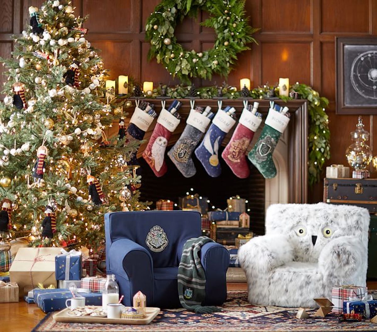 Harry Potter for Pottery Barn Christmas Collection featuring tree and stockings