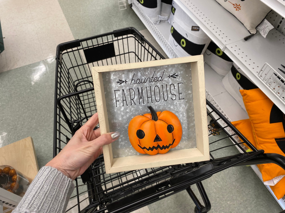 hand holding sign above shopping cart in store