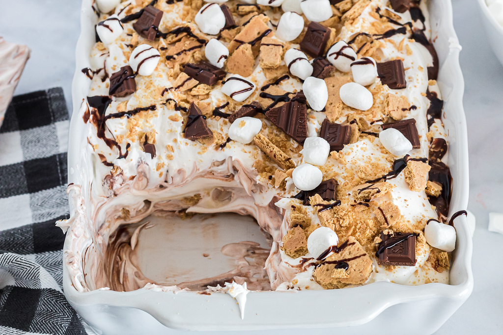 slice gone from no-bake smores lasagna dessert recipe