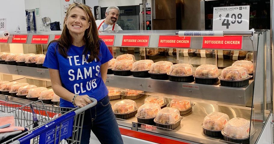 woman by rotisserie chickens at Sam's Club