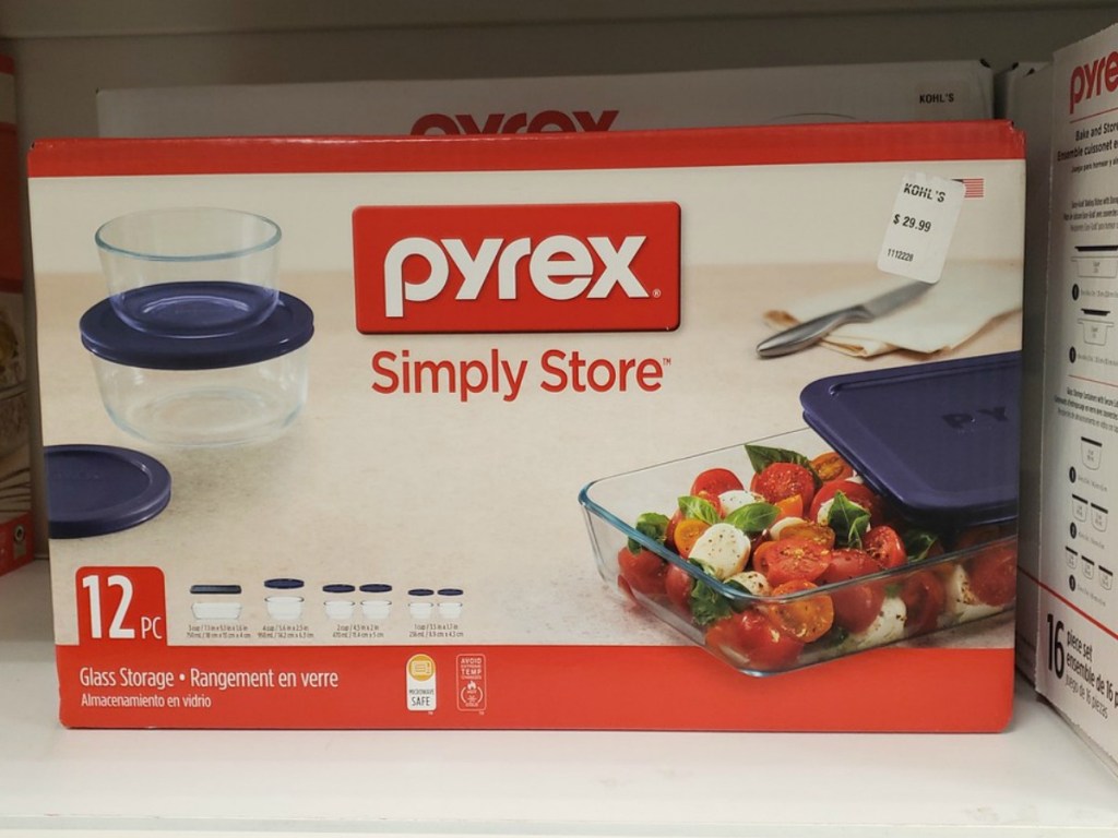 box on store shelf with pyrex glass dishes in it